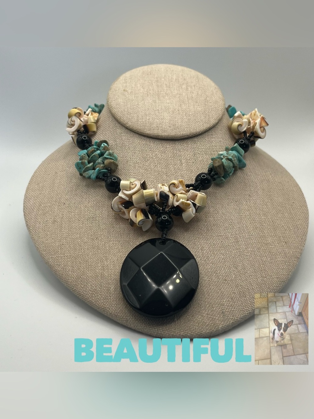 Shell and Turquoise Necklace with Glass Pendant
